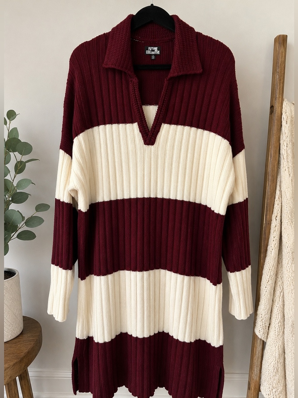 Future Collective Burgundy Cream Striped Ribbed Sweater Tunic Dress Size L